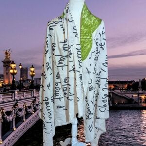 Mii Green/Almond French Script Graphic Large Cape/Scarf Handmade Silk/Cotton